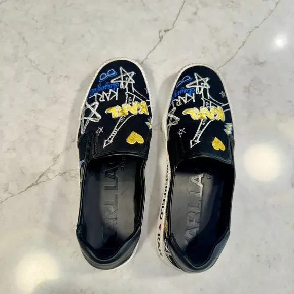 Karl Lagerfeld Paris Jazlyn Slip On Sneakers Size 8 Black Embroidered Graffiti - Picture 7 of 16